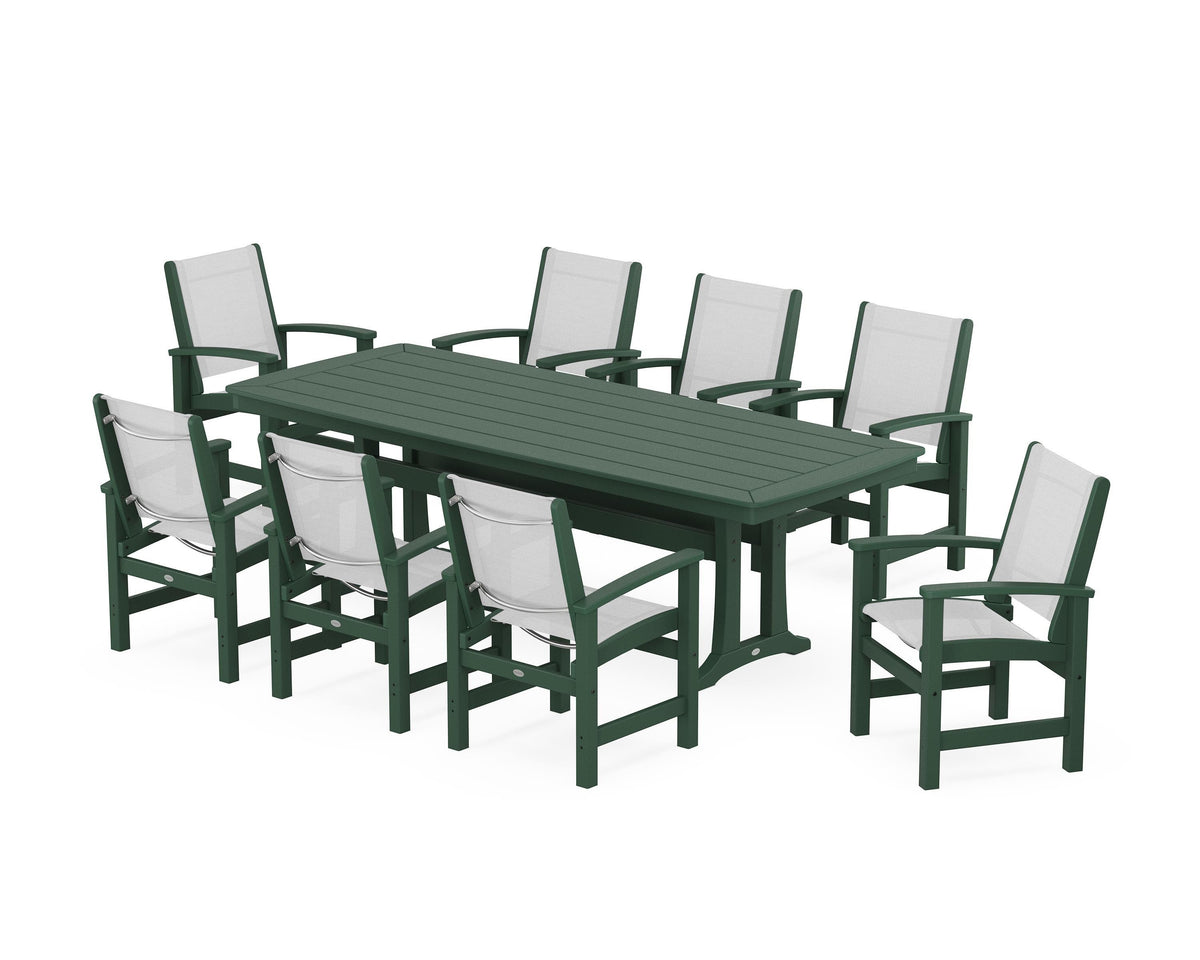 POLYWOOD Coastal 9-Piece Dining Set with Trestle Legs in Green / White