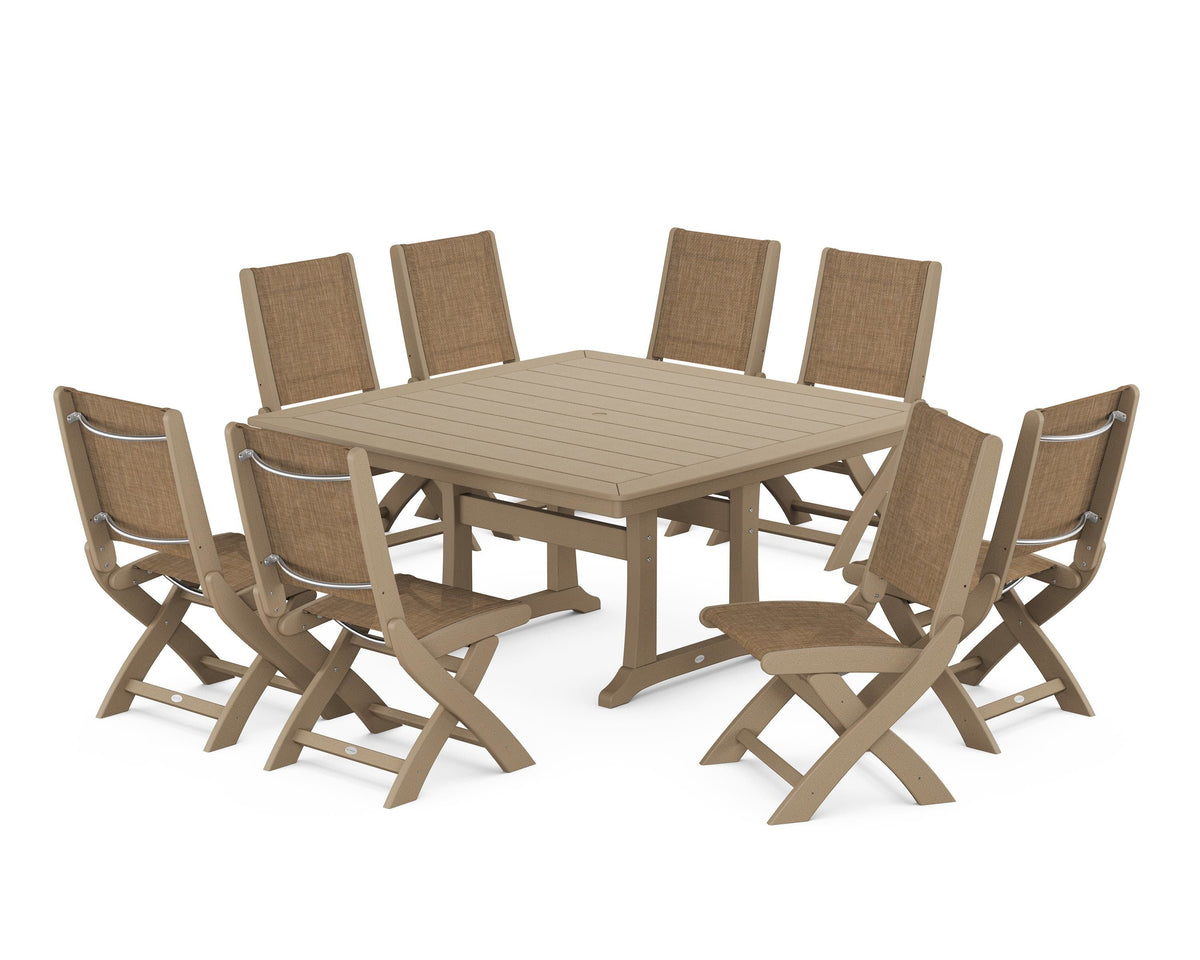 POLYWOOD Coastal Folding Side Chair 9-Piece Dining Set with Trestle Legs in Vintage Sahara / Burlap