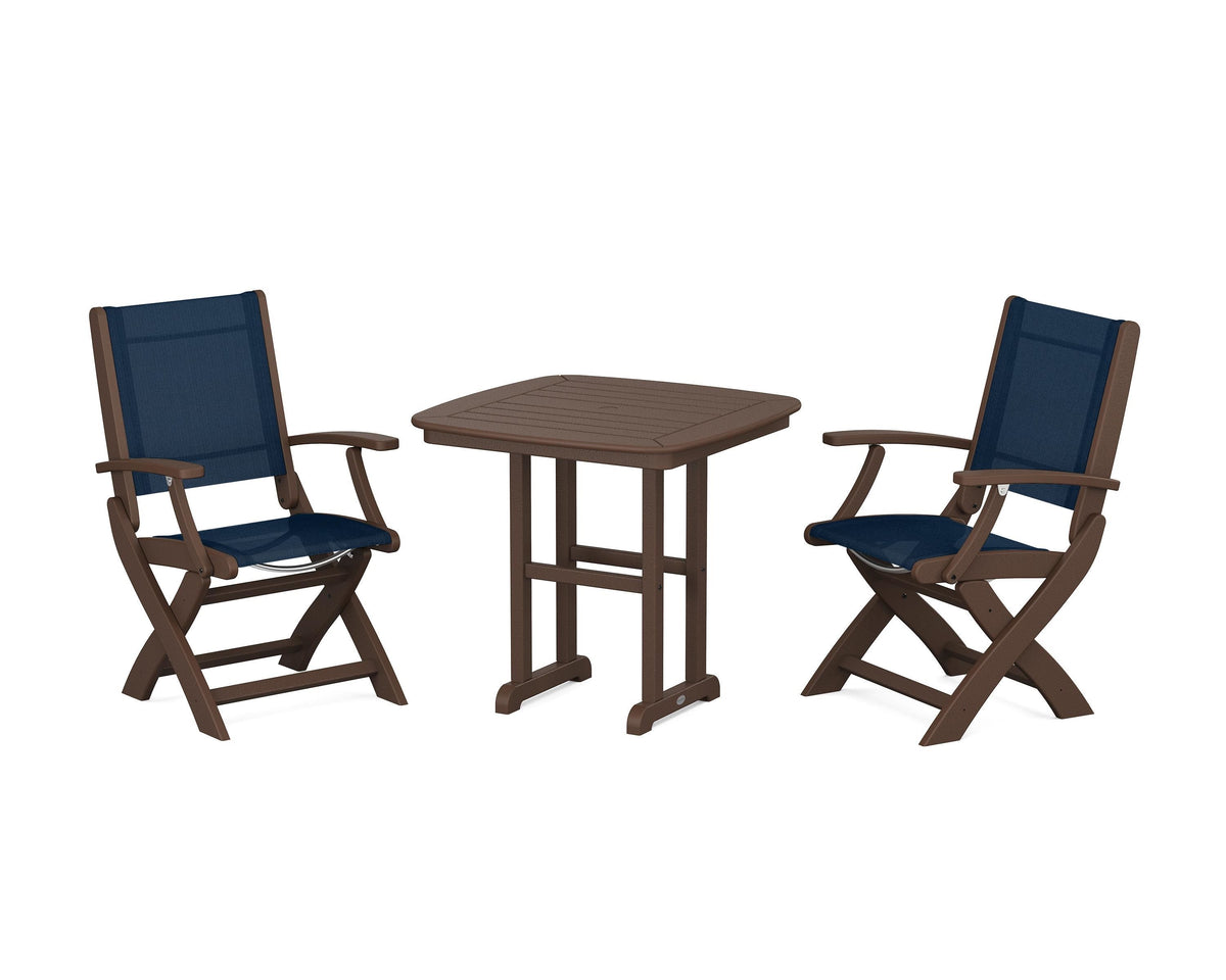 POLYWOOD Coastal Folding Chair 3-Piece Dining Set in Mahogany / Navy Blue