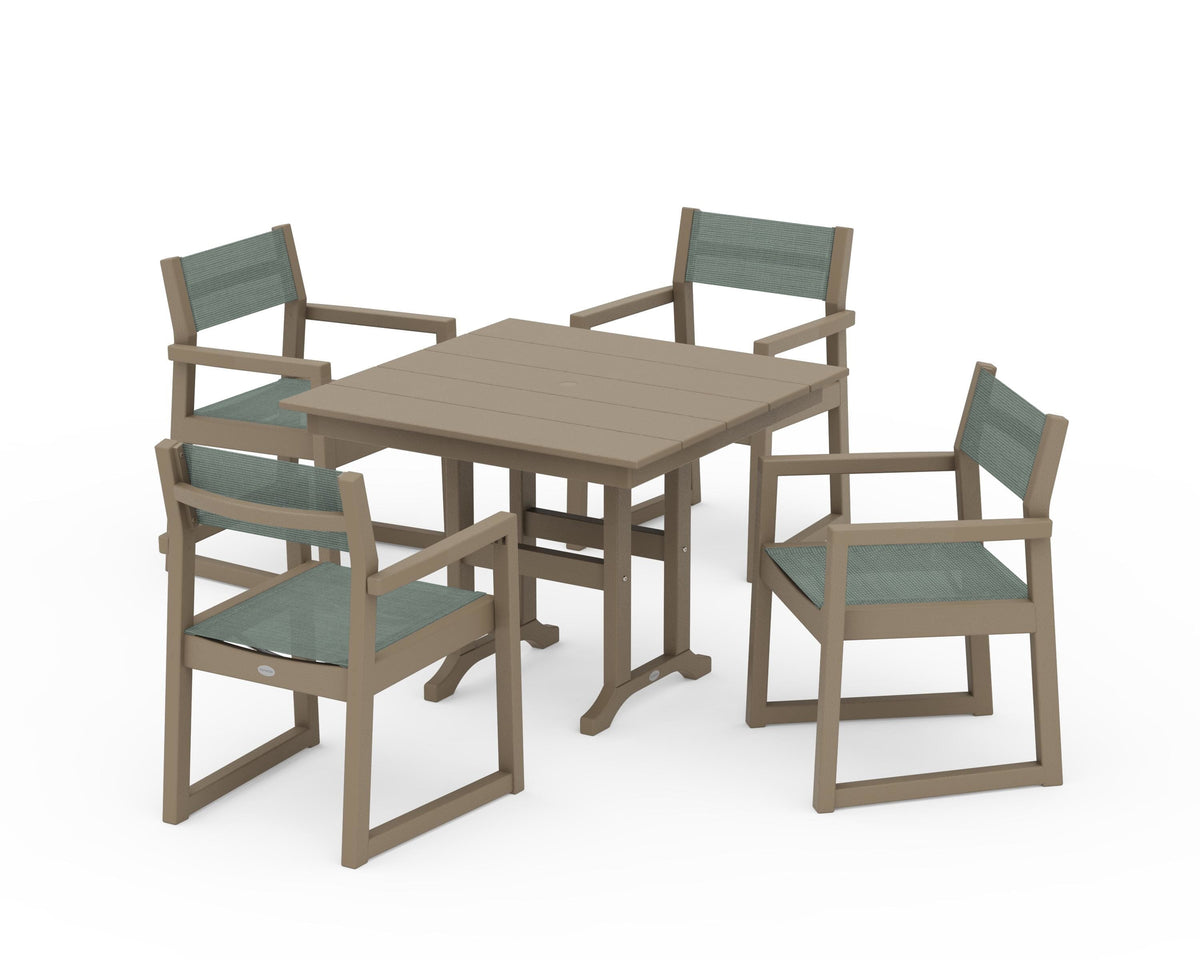 POLYWOOD EDGE Sling Arm Chair 5-Piece Farmhouse Dining Set in Vintage Sahara / Dupioni Sea Mist