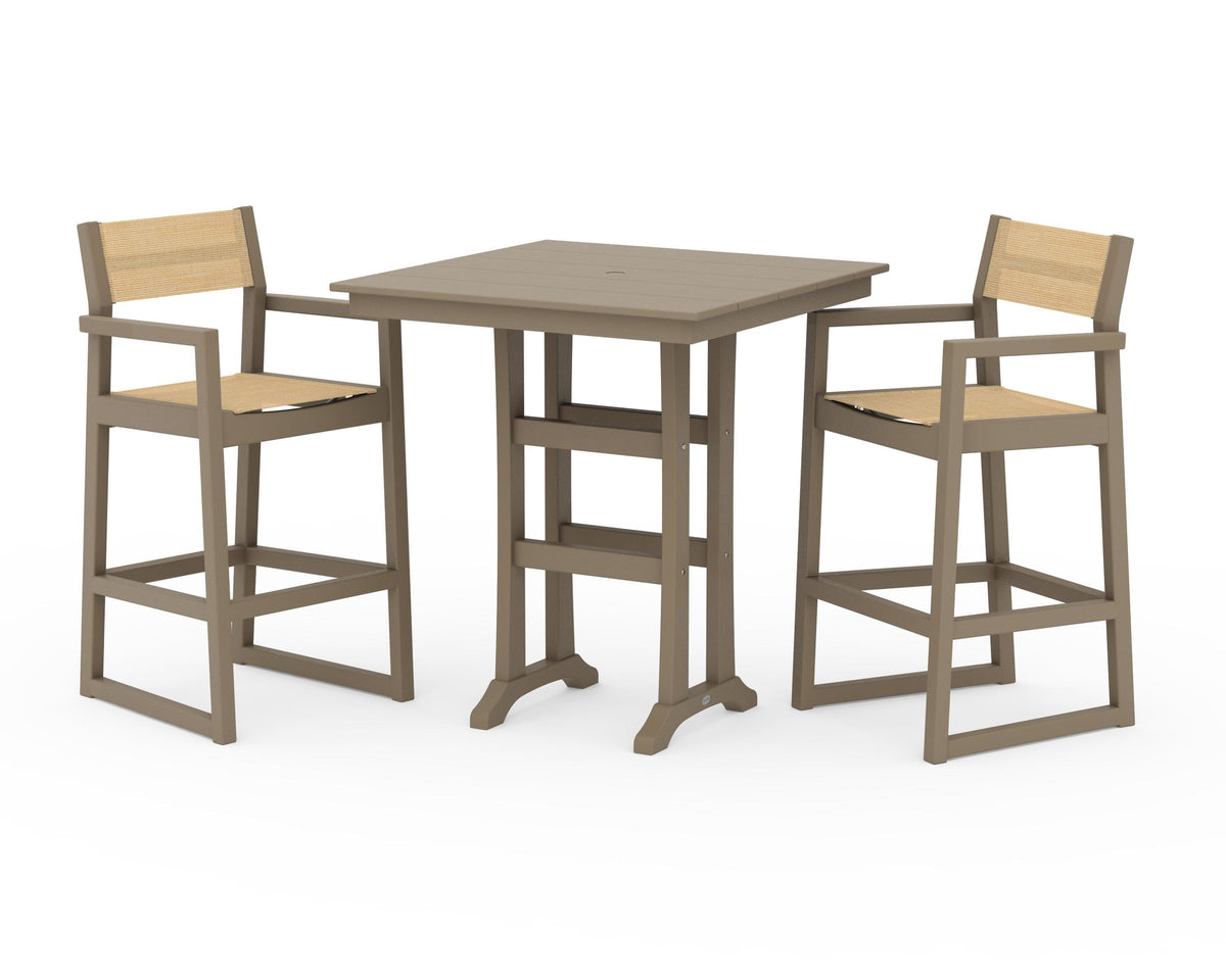 POLYWOOD EDGE Sling Arm Chair 3-Piece Farmhouse Bar Set with Trestle Legs in Vintage Sahara / Dupioni Apricot