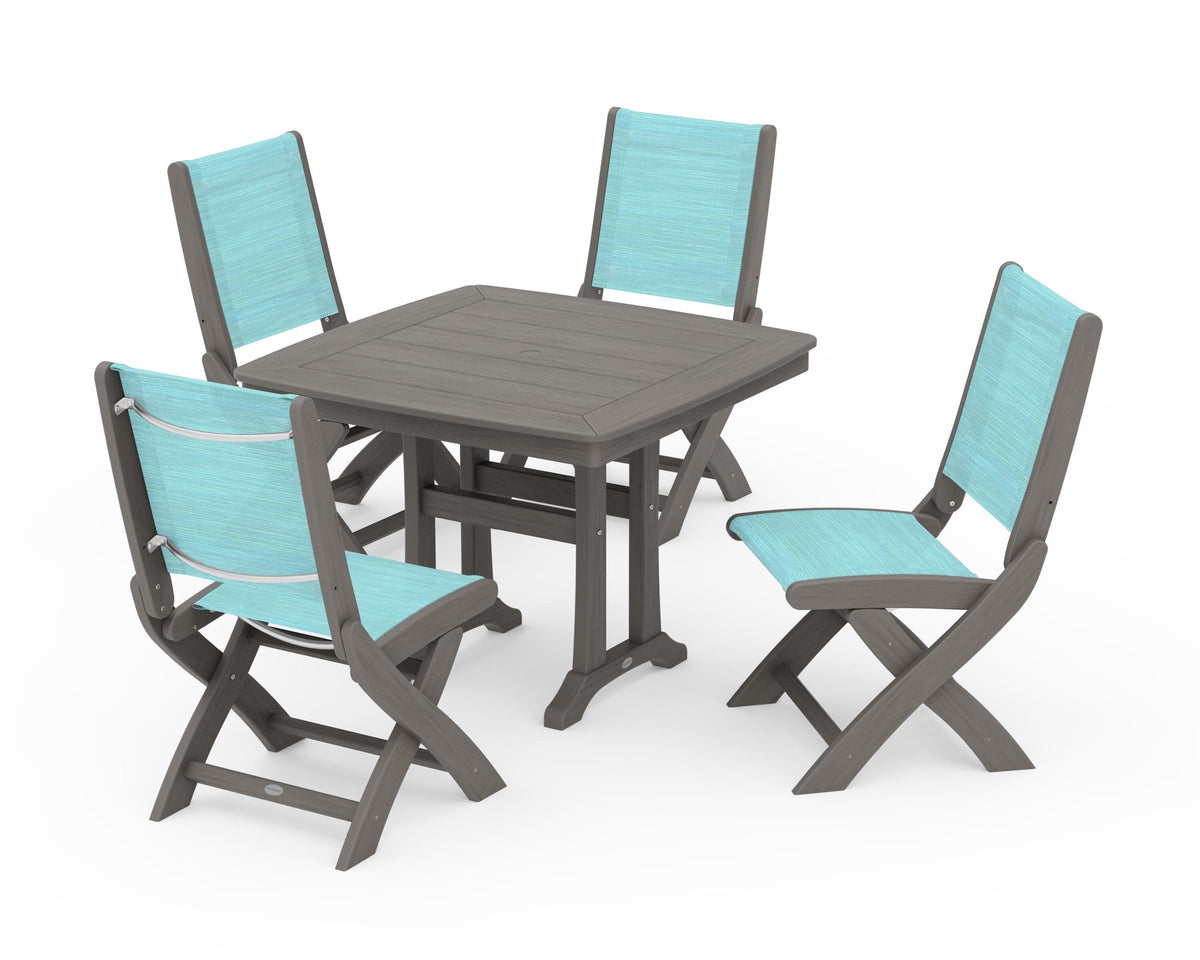 POLYWOOD Coastal Folding Side Chair 5-Piece Dining Set with Trestle Legs in Driftwood / Dupioni Aquamarine