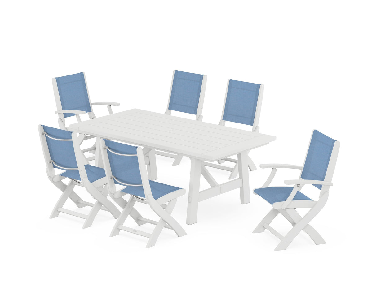 POLYWOOD Coastal Folding Chair 7-Piece Rustic Farmhouse Dining Set in White / Poolside