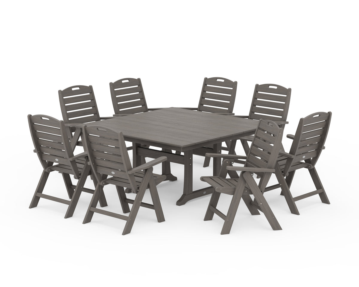 POLYWOOD Nautical Highback 9-Piece Square Farmhouse Dining Set with Trestle Legs in Driftwood