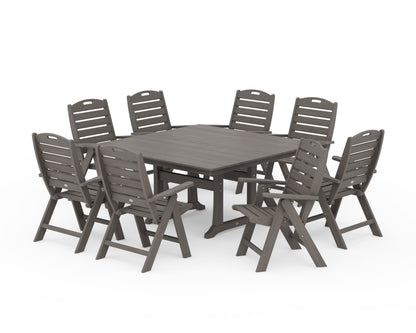 POLYWOOD Nautical Highback 9-Piece Square Farmhouse Dining Set with Trestle Legs in Driftwood