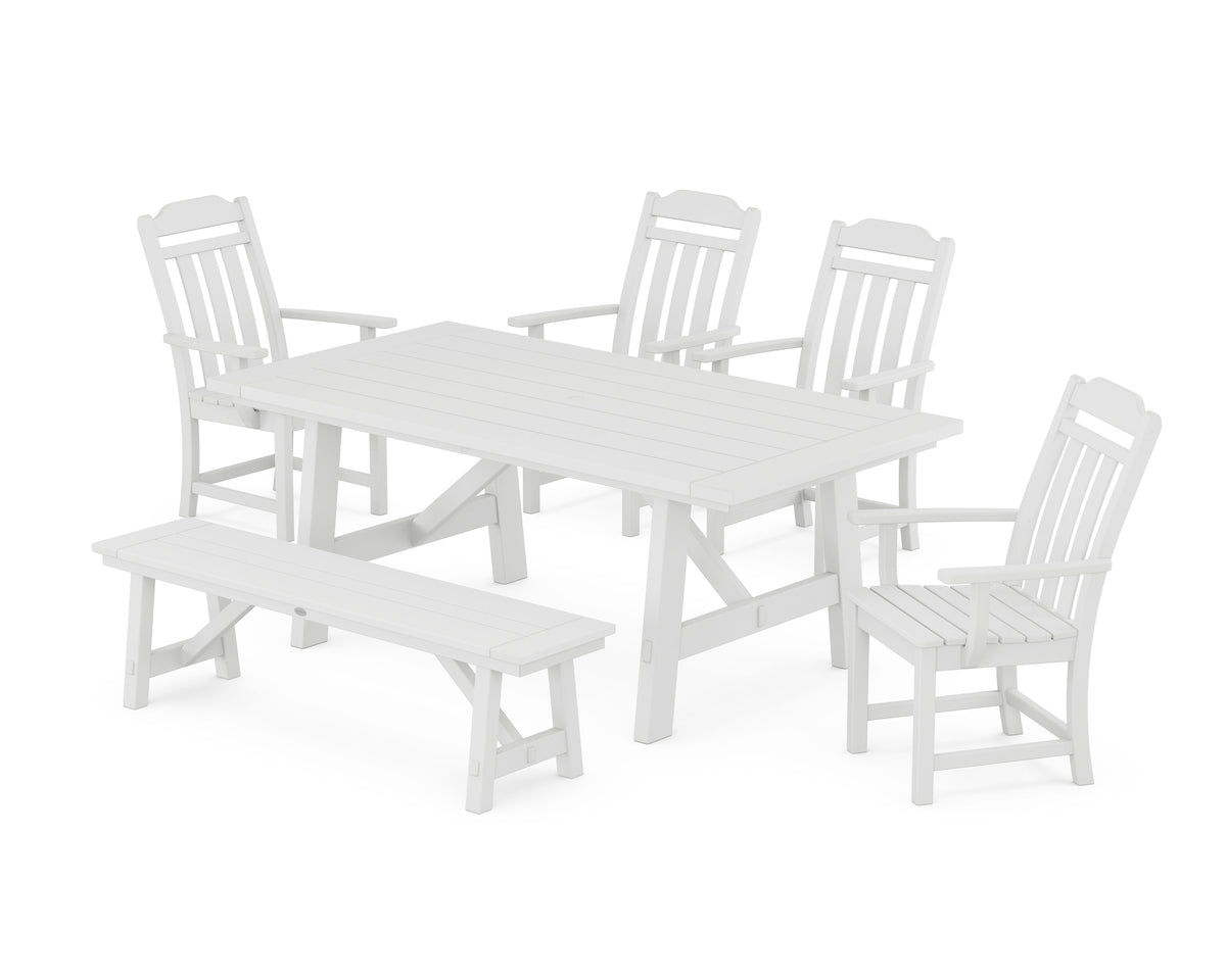 POLYWOOD Cottage 6-Piece Rustic Farmhouse Dining Set with Bench in White