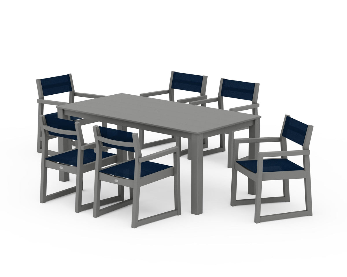 POLYWOOD EDGE Sling Arm Chair 7-Piece Parsons Dining Set in Slate Grey / Navy Blue