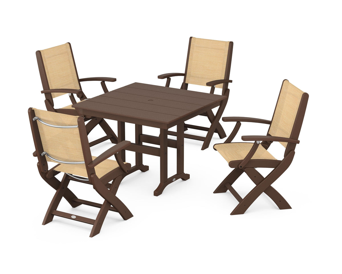 POLYWOOD Coastal Folding Chair 5-Piece Farmhouse Dining Set in Mahogany / Dupioni Apricot