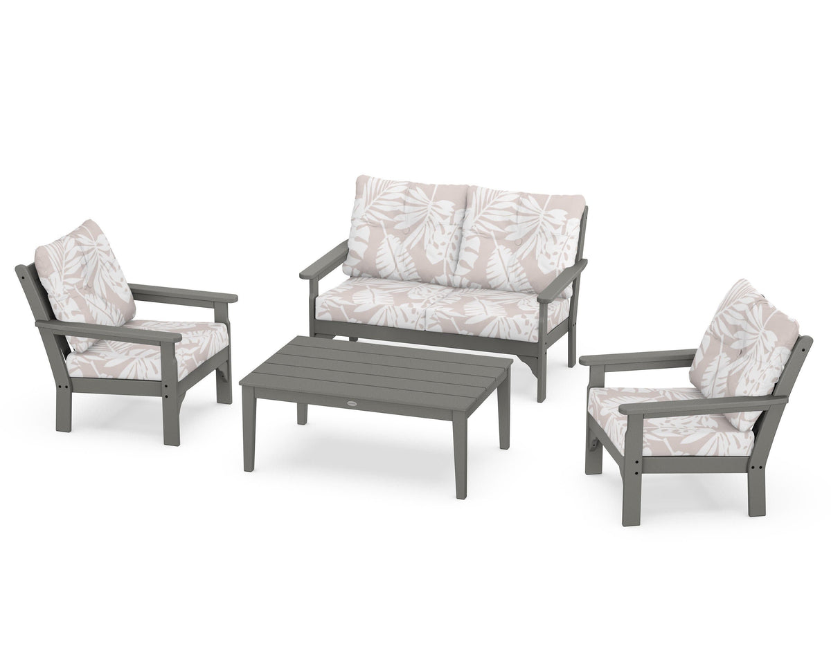 POLYWOOD Vineyard 4-Piece Deep Seating Set with Two Chairs and Loveseat in Slate Grey / Leaf Dune Burlap
