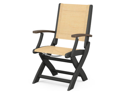 POLYWOOD Coastal Folding Chair in Black with Kona arms and Dupioni Apricot sling