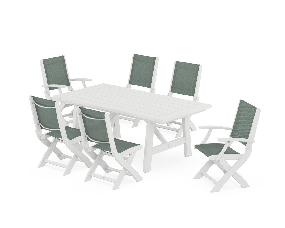 POLYWOOD Coastal Folding Chair 7-Piece Rustic Farmhouse Dining Set in White / Dupioni Sea Mist