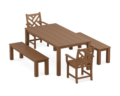 POLYWOOD Chippendale 5-Piece Parsons Dining Set with Benches in Teak
