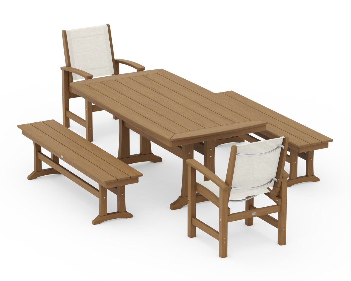 POLYWOOD Coastal 5-Piece Dining Set with Trestle Legs and Benches in Natural / Parchment