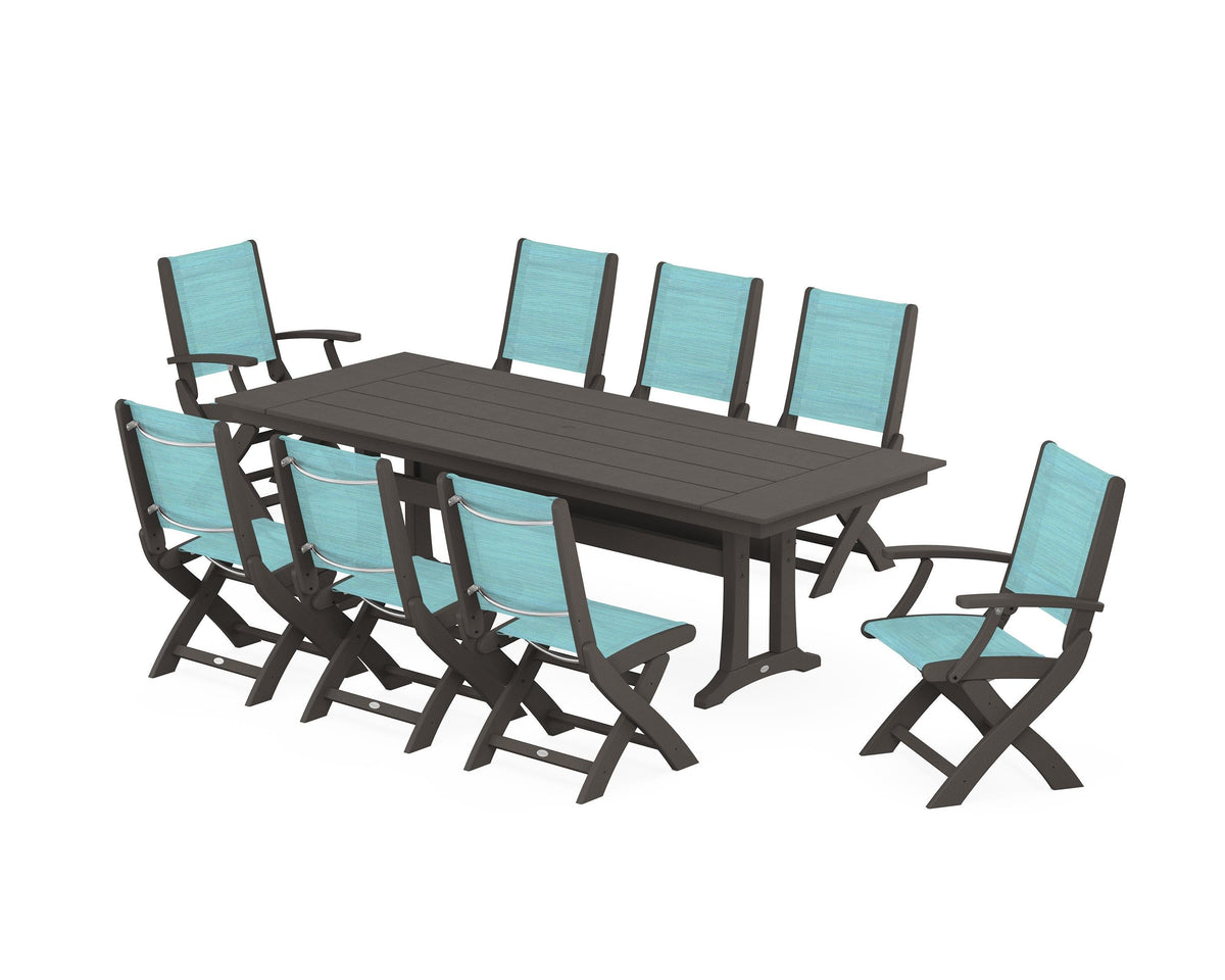 POLYWOOD Coastal 9-Piece Folding Dining Chair Farmhouse Dining Set with Trestle Legs in Vintage Coffee / Dupioni Aquamarine