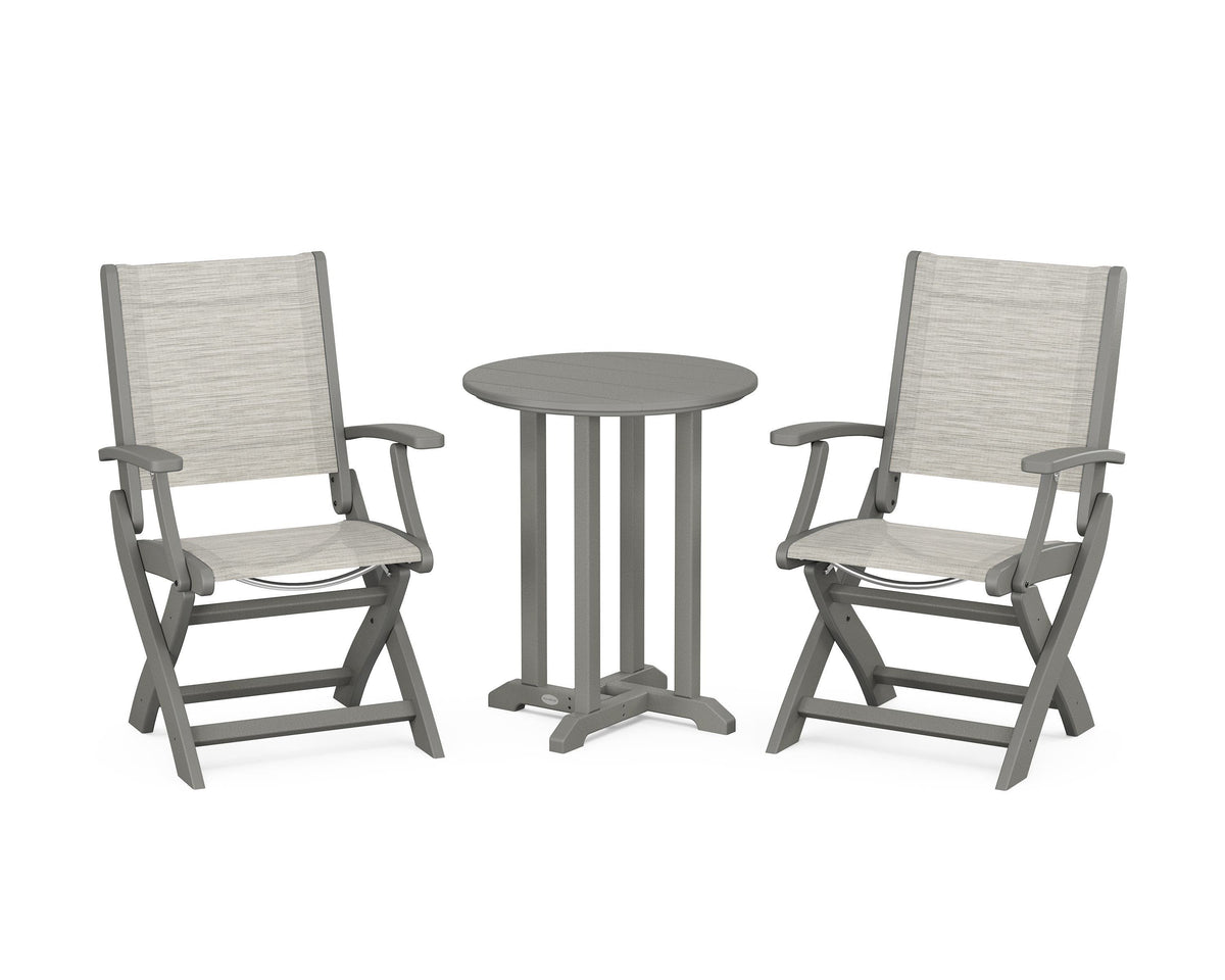 POLYWOOD Coastal Folding 3-Piece Round Bistro Dining Set in Slate Grey / Birch