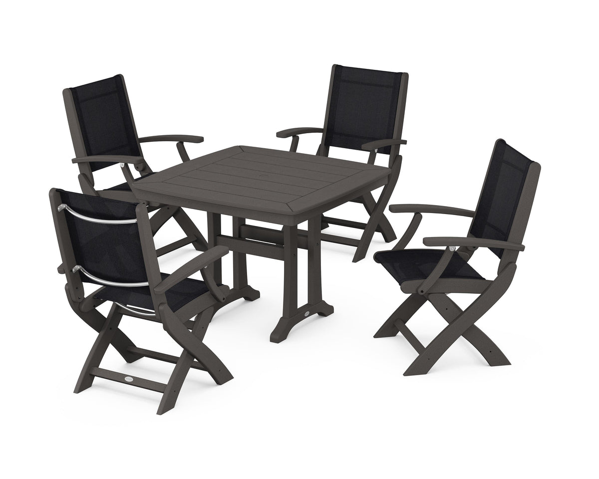 POLYWOOD Coastal Folding Chair 5-Piece Dining Set with Trestle Legs in Vintage Coffee / Black