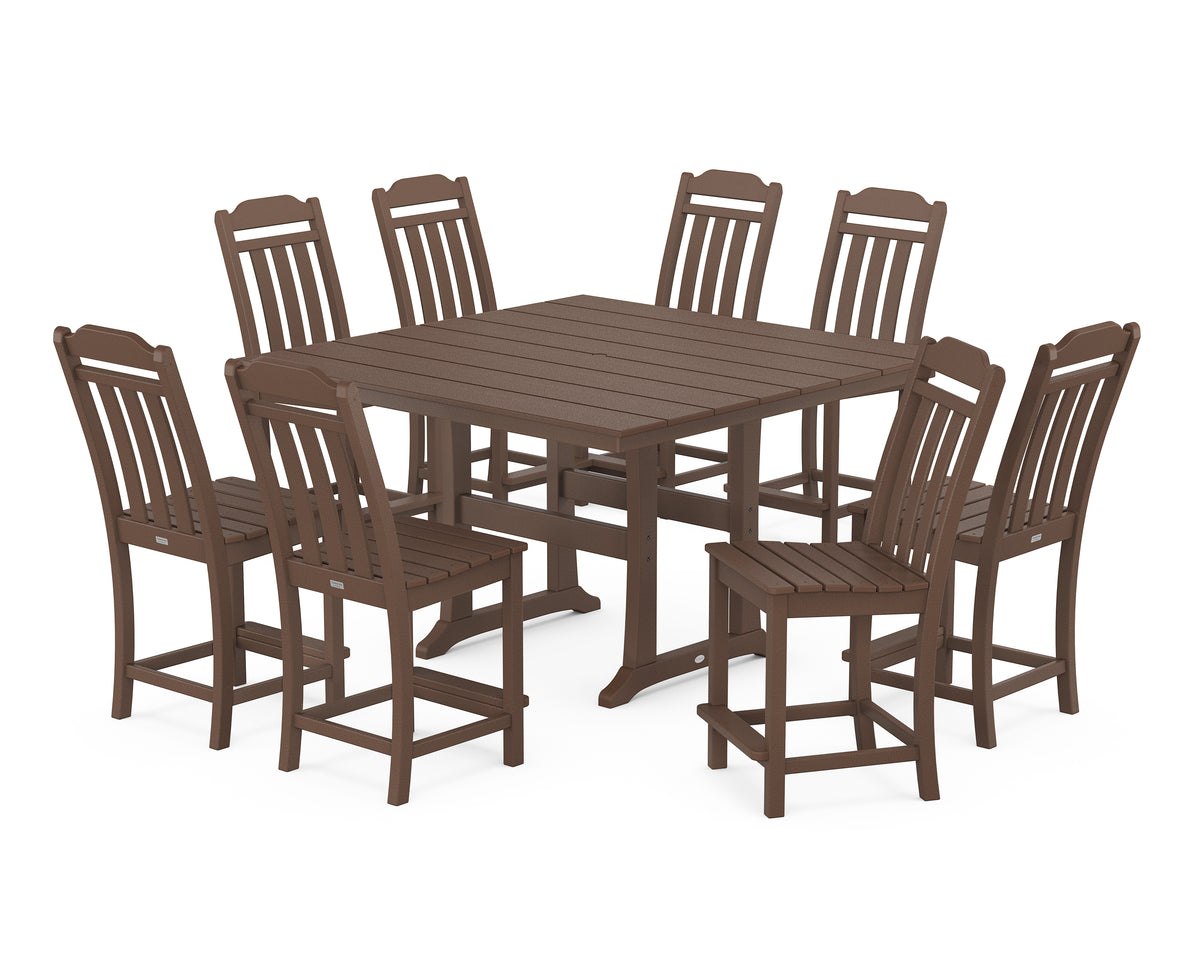 POLYWOOD Country Living Cottage 9-Piece Square Farmhouse Side Chair Counter Set with Trestle Legs in Mahogany