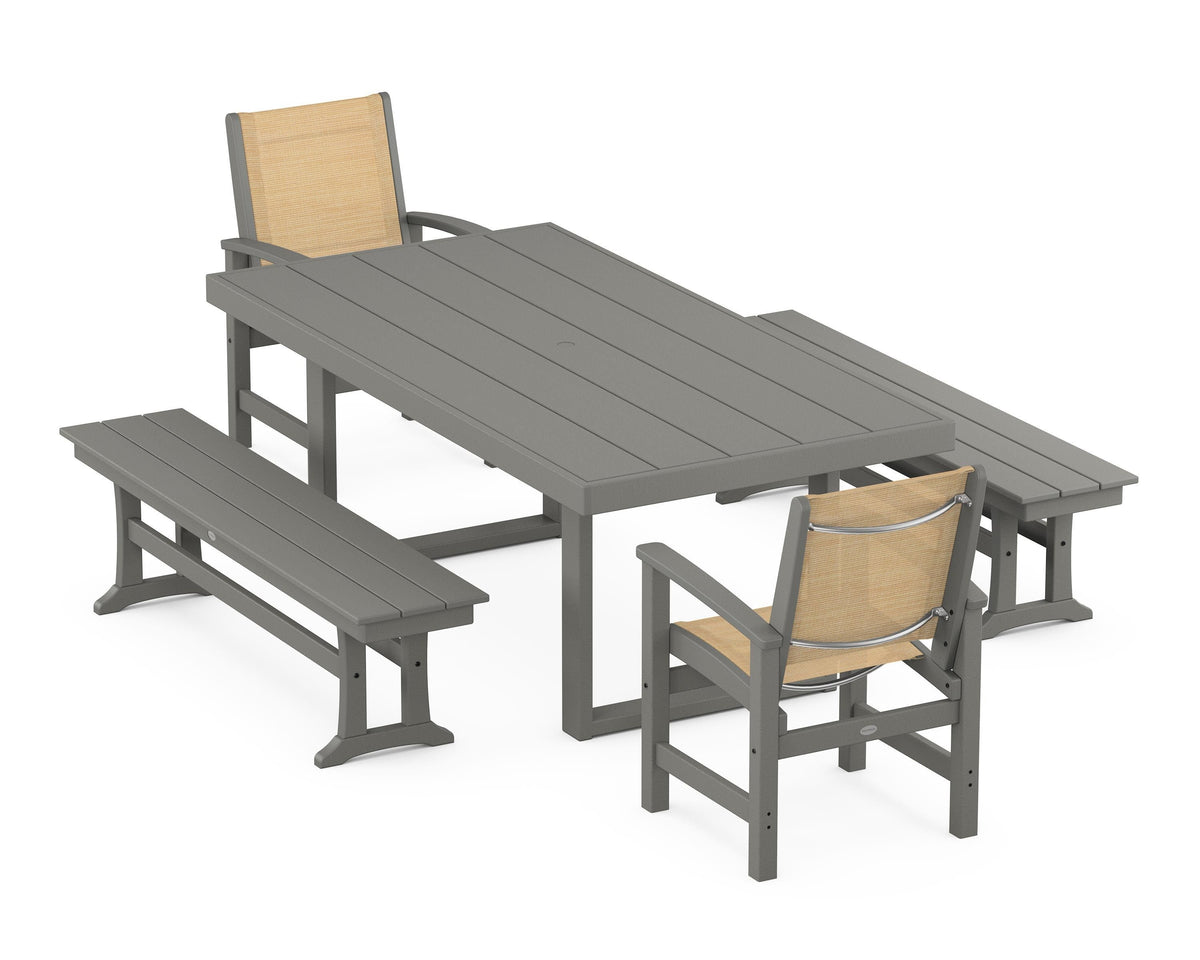 POLYWOOD Coastal 5-Piece Dining Set with Trestle Legs with EDGE 40" x 78" Dining Table in Slate Grey / Dupioni Apricot