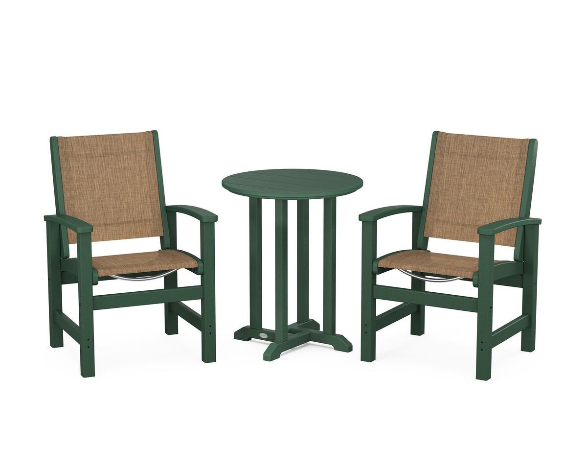 POLYWOOD Coastal 3-Piece Round Bistro Dining Set in Green / Burlap