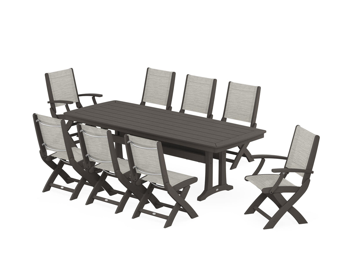 POLYWOOD Coastal Folding 9-Piece Dining Set with Trestle Legs in Vintage Coffee / Birch