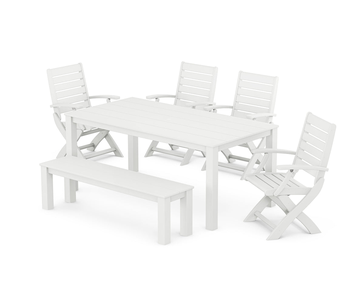 POLYWOOD Signature Folding Chair 6-Piece Parsons Dining Set with Bench in White