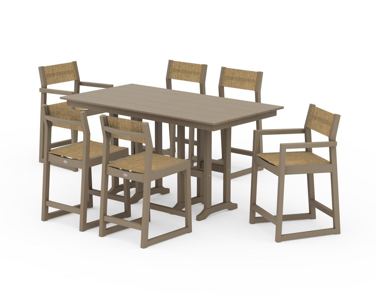 POLYWOOD EDGE Sling 7-Piece Farmhouse Counter Set with Trestle Legs in Vintage Sahara / Burlap