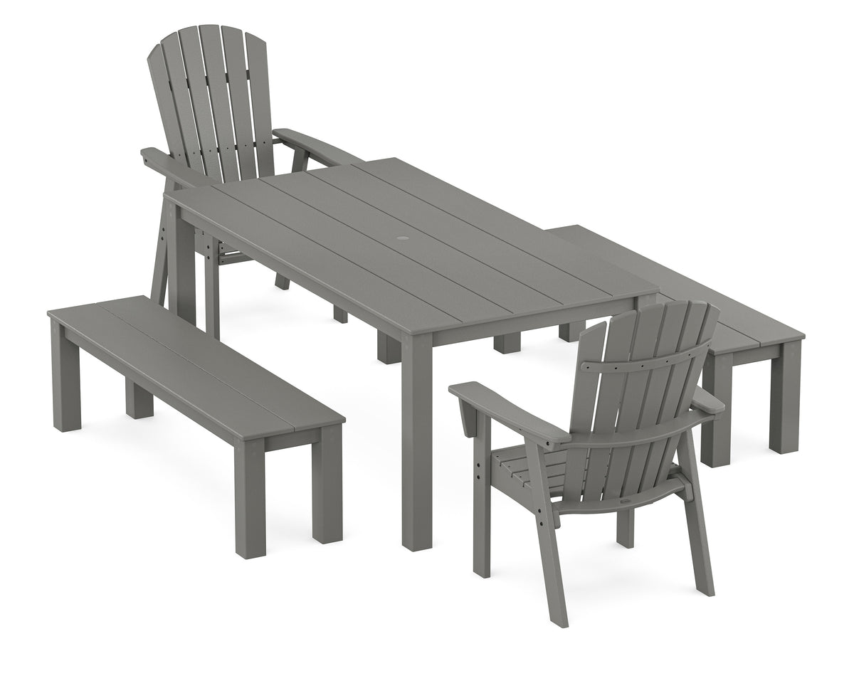 POLYWOOD Nautical Curveback Adirondack 5-Piece Parsons Dining Set with Benches in Slate Grey