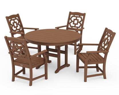 POLYWOOD Chinoiserie 5-Piece Round Farmhouse Dining Set in Teak
