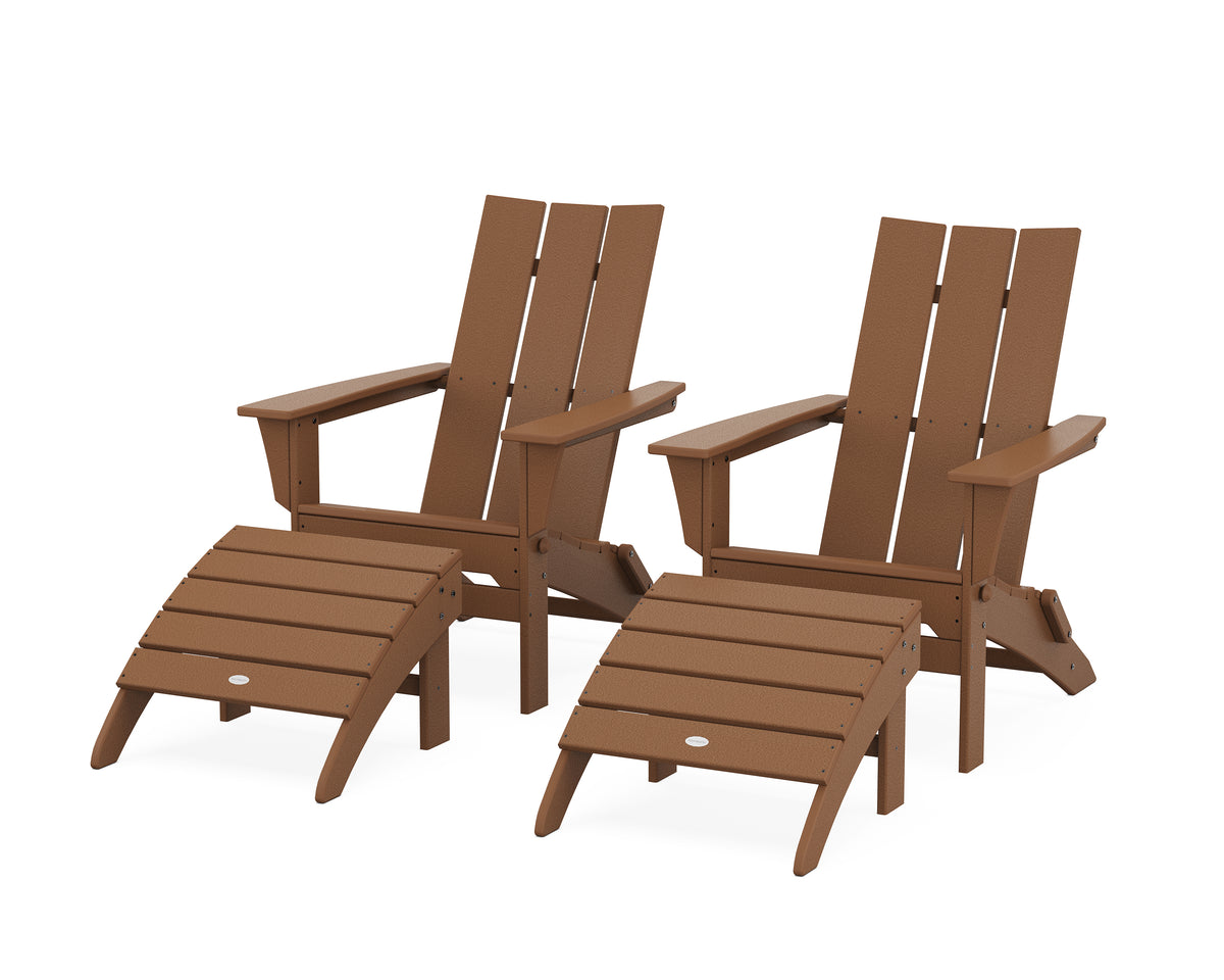 POLYWOOD Modern Folding Adirondack Chair 4-Piece Set with Ottomans in Teak