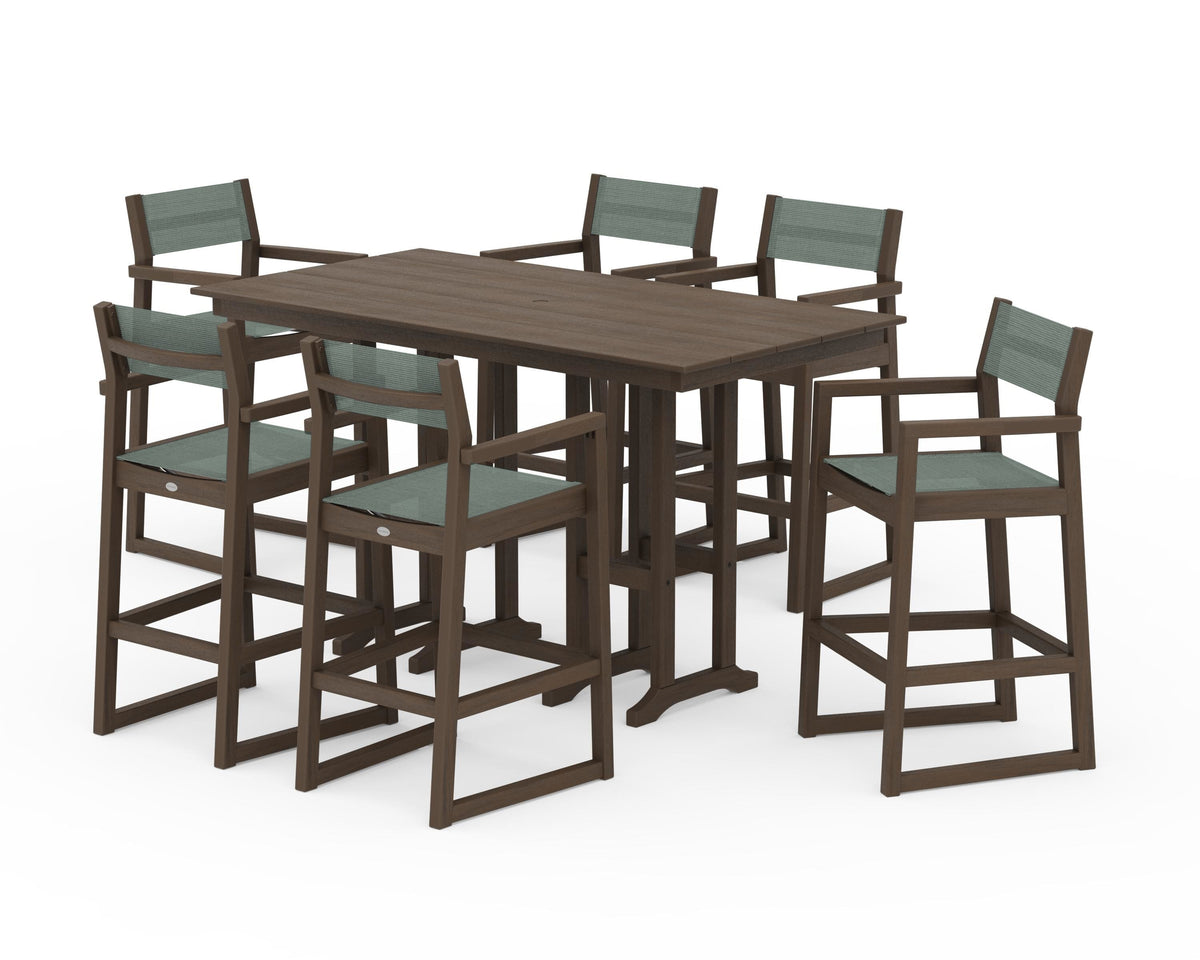 POLYWOOD EDGE Sling Arm Chair 7-Piece Farmhouse Bar Set in Kona / Dupioni Sea Mist