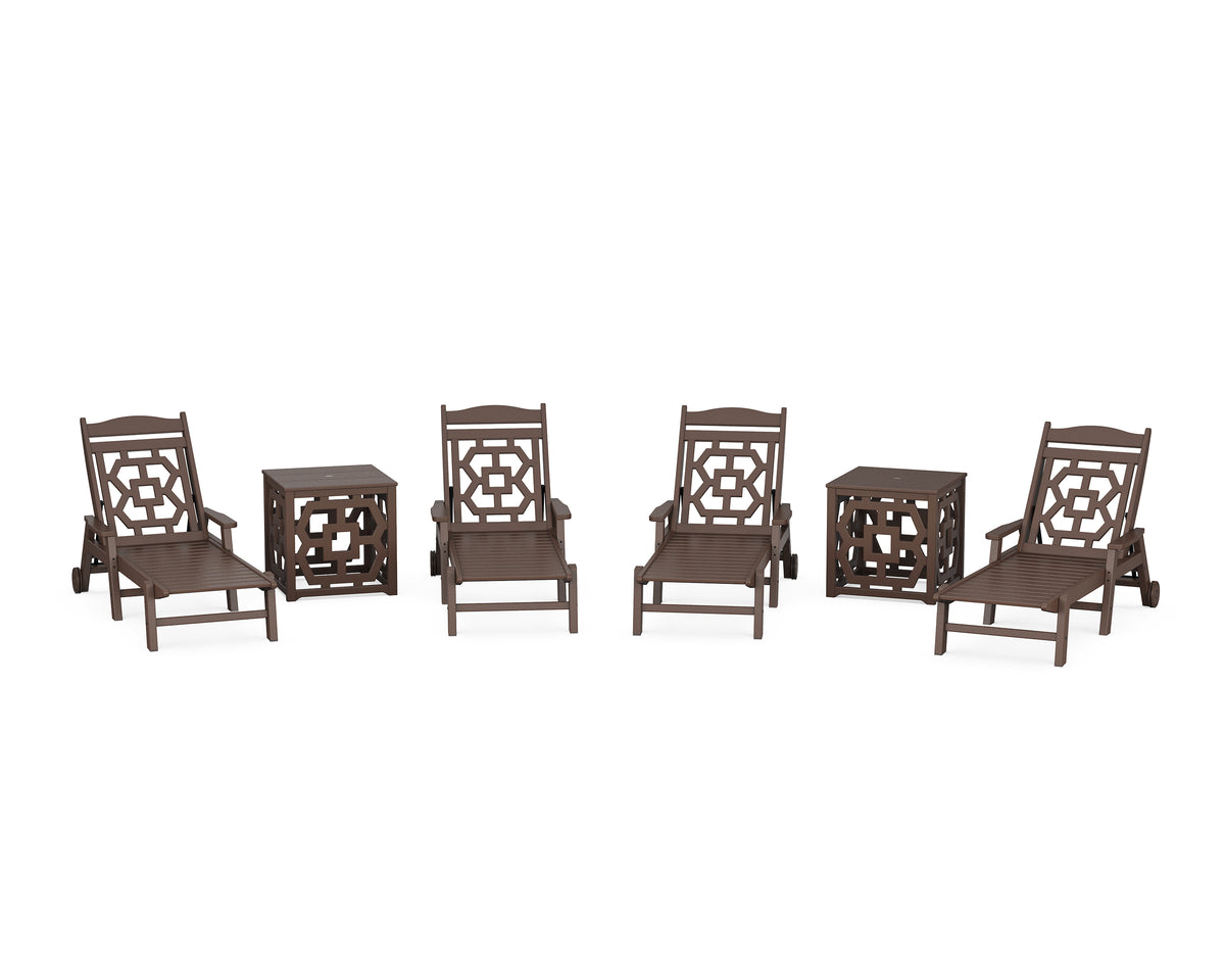 POLYWOOD Chinoiserie 6-Piece Chaise Set with Umbrella Stand Accent Table in Mahogany