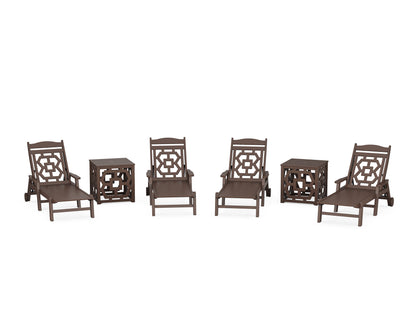 POLYWOOD Chinoiserie 6-Piece Chaise Set with Umbrella Stand Accent Table in Mahogany