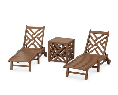 POLYWOOD Chippendale 3-Piece Chaise Set with Wheels and Umbrella Stand Accent Table in Teak