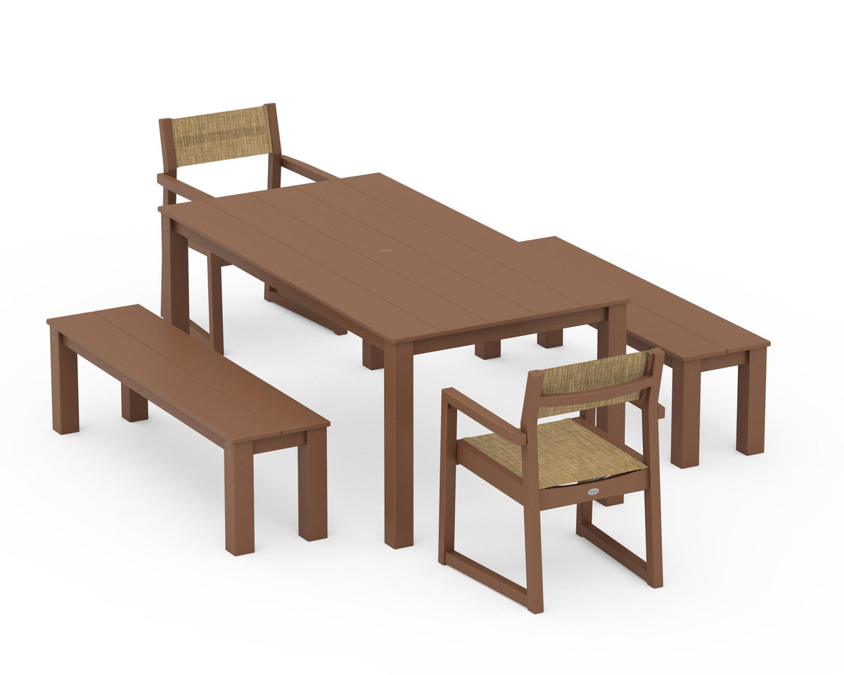 POLYWOOD EDGE Sling Arm Chair 5-Piece Parsons Dining Set with Benches in Teak / Burlap
