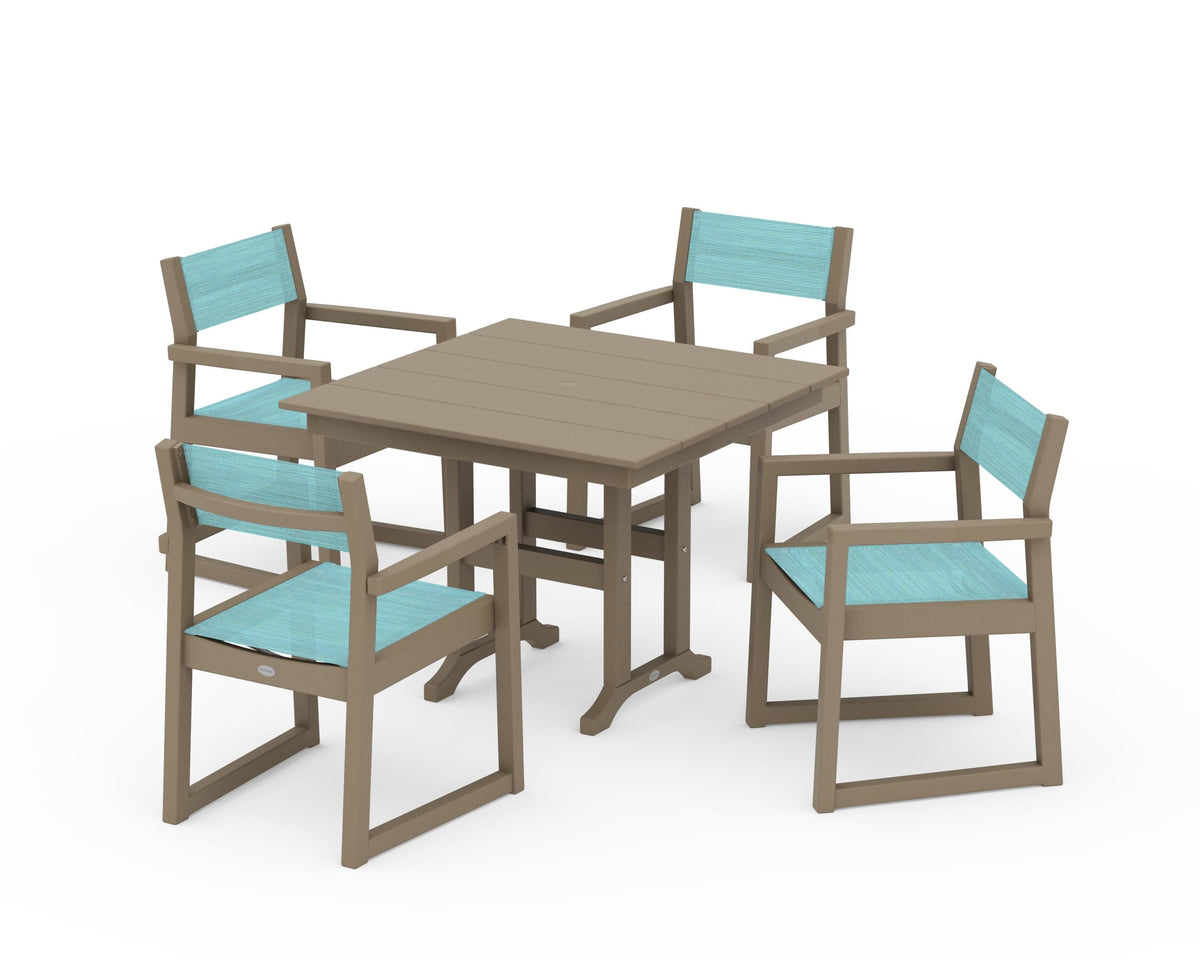 POLYWOOD EDGE Sling Arm Chair 5-Piece Farmhouse Dining Set in Vintage Sahara / Dupioni Aquamarine