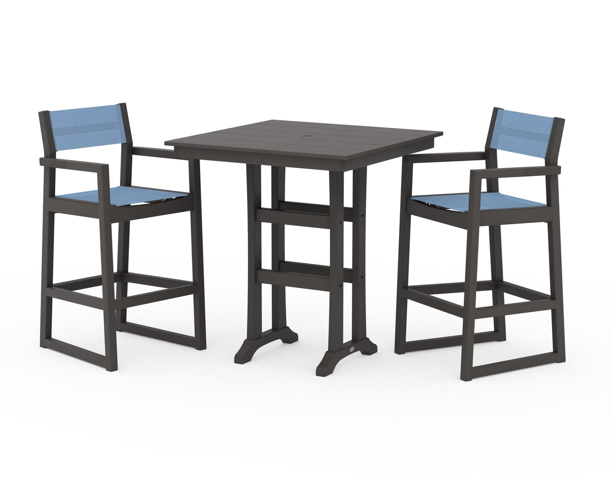 POLYWOOD EDGE Sling Arm Chair 3-Piece Farmhouse Bar Set with Trestle Legs in Vintage Coffee / Poolside