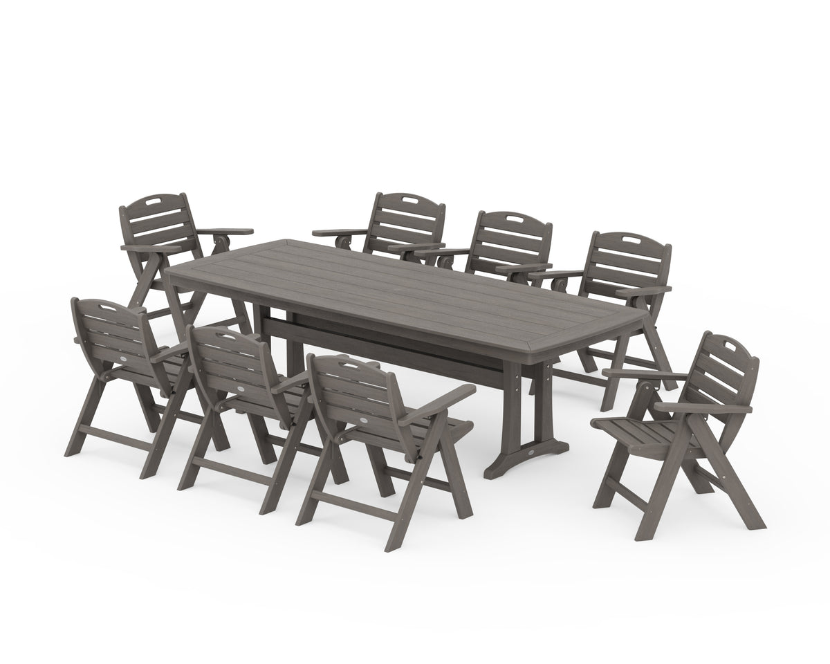 POLYWOOD Nautical Lowback 9-Piece Dining Set with Trestle Legs in Driftwood