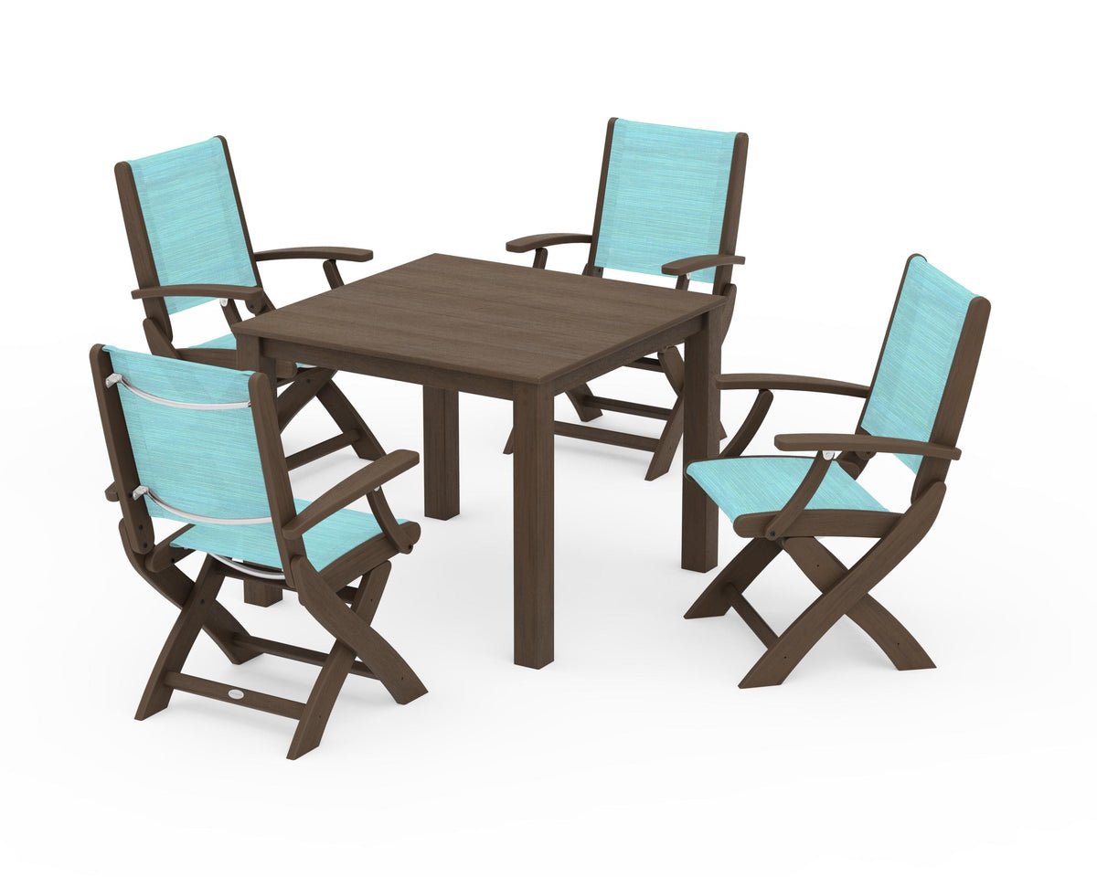 POLYWOOD Coastal Folding Chair 5-Piece Parsons Dining Set in Kona / Dupioni Aquamarine