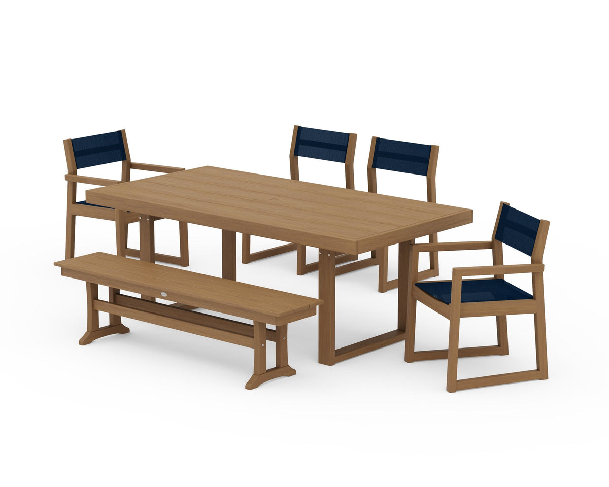 POLYWOOD EDGE Sling 6-Piece Dining Set with Bench in Natural / Navy Blue