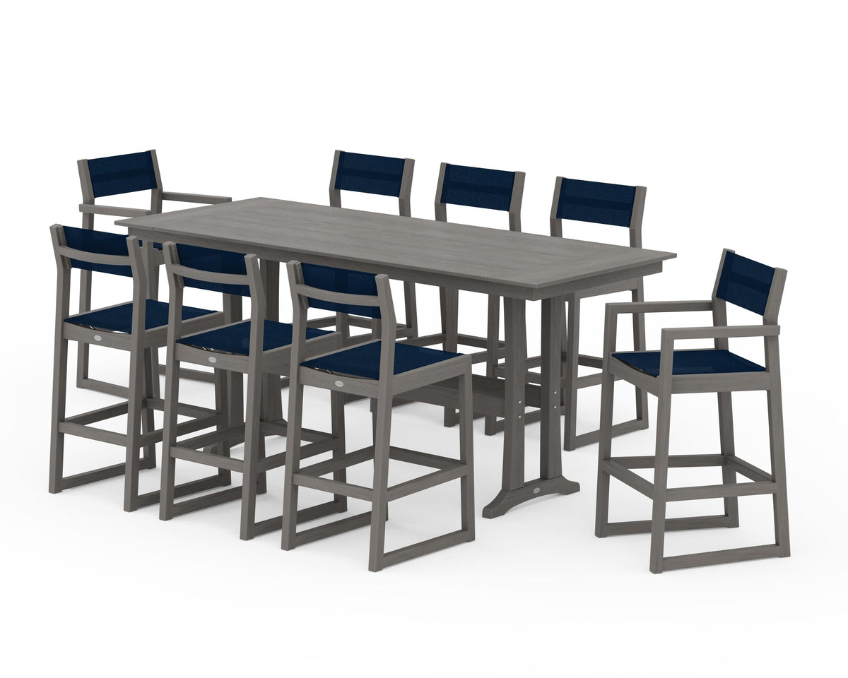 POLYWOOD EDGE Sling 9-Piece Farmhouse Bar Set with Trestle Legs in Driftwood / Navy Blue