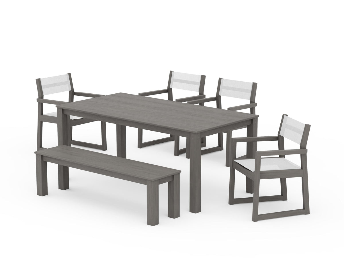 POLYWOOD EDGE Sling Arm Chair 6-Piece Parsons Dining Set with Bench in Driftwood / White