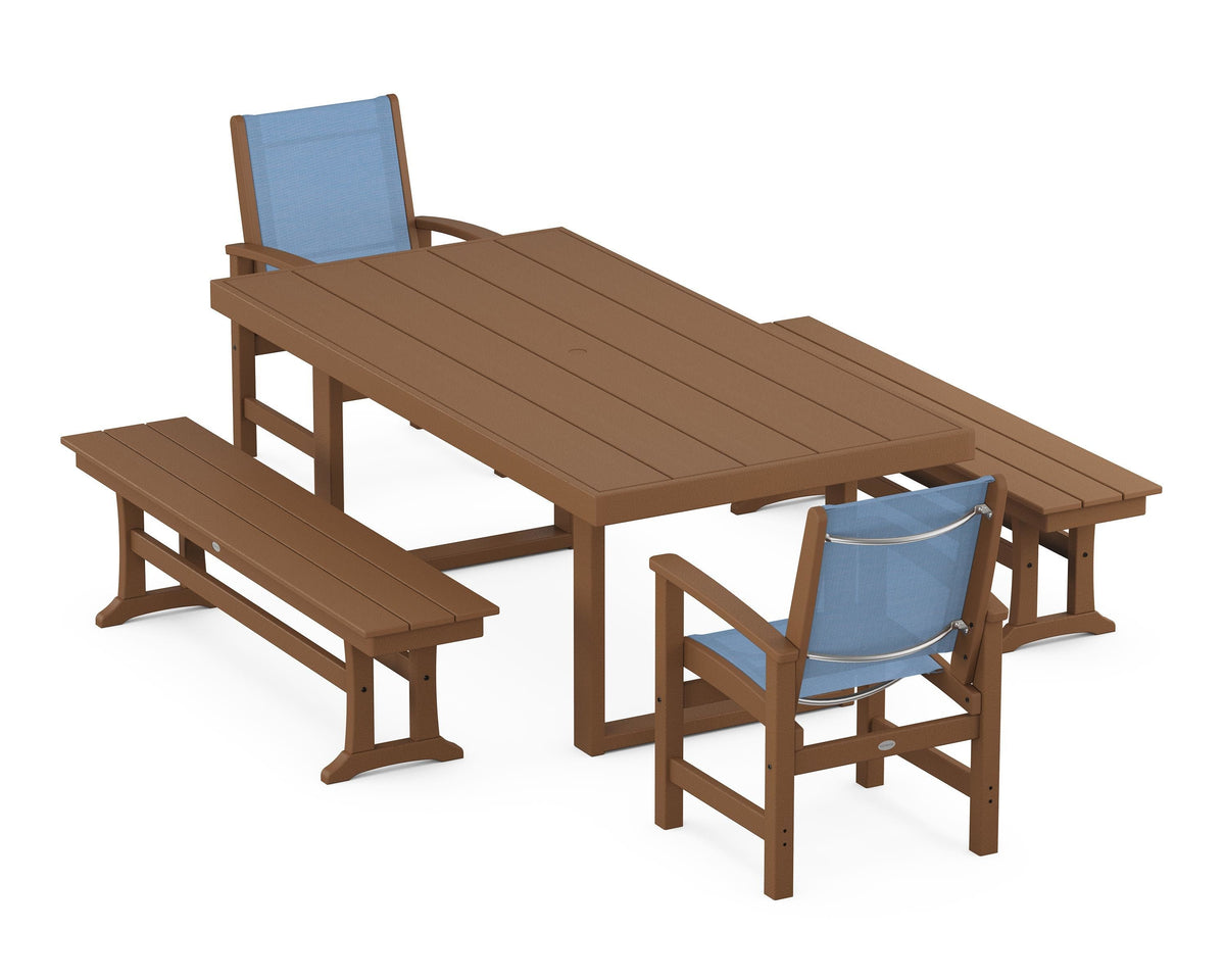 POLYWOOD Coastal 5-Piece Dining Set with Trestle Legs with EDGE 40" x 78" Dining Table in Teak / Poolside