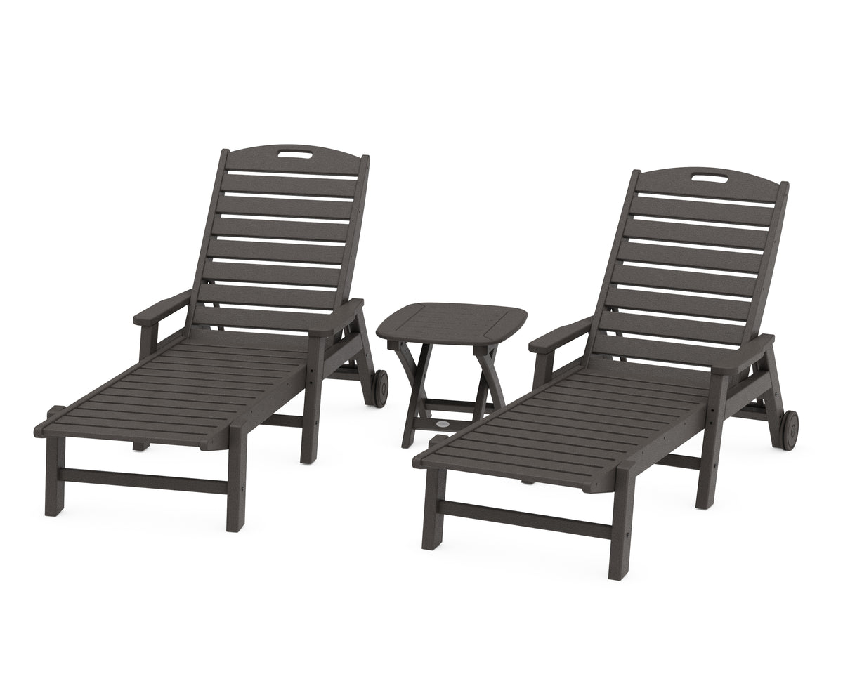 POLYWOOD Nautical 3-Piece Chaise Set with Nautical Side Table in Vintage Coffee