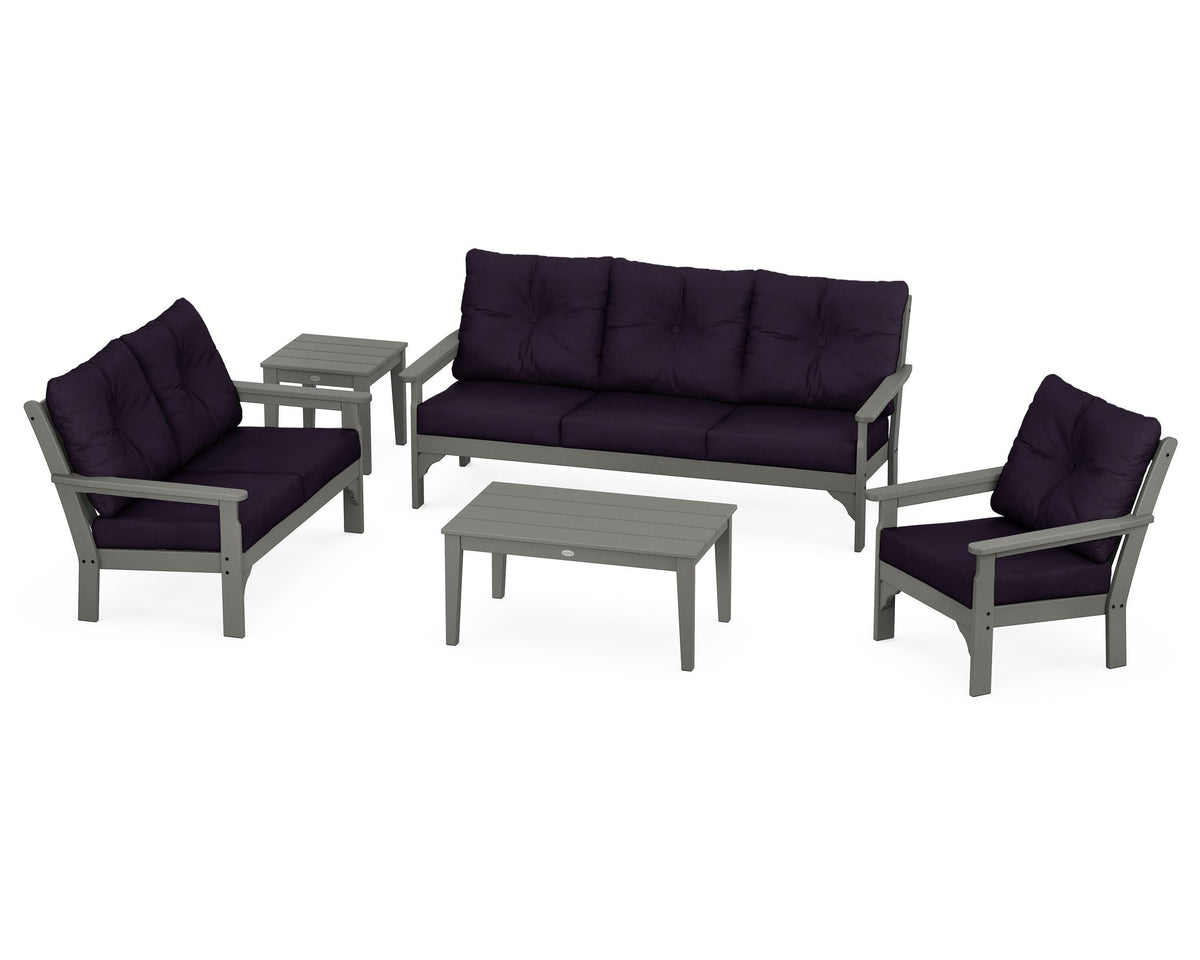 POLYWOOD Vineyard 5-Piece Deep Seating Set with Sofa in Slate Grey / Navy Linen