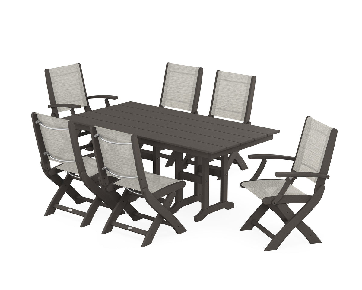 POLYWOOD Coastal Folding Chair 7-Piece Farmhouse Dining Set in Vintage Coffee / Birch