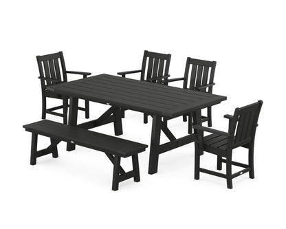 POLYWOOD Oxford 6-Piece Rustic Farmhouse Dining Set with Bench in Black