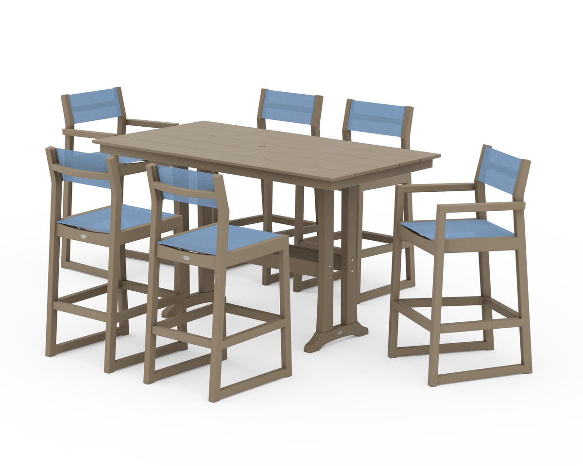 POLYWOOD EDGE Sling 7-Piece Farmhouse Bar Set with Trestle Legs in Vintage Sahara / Poolside