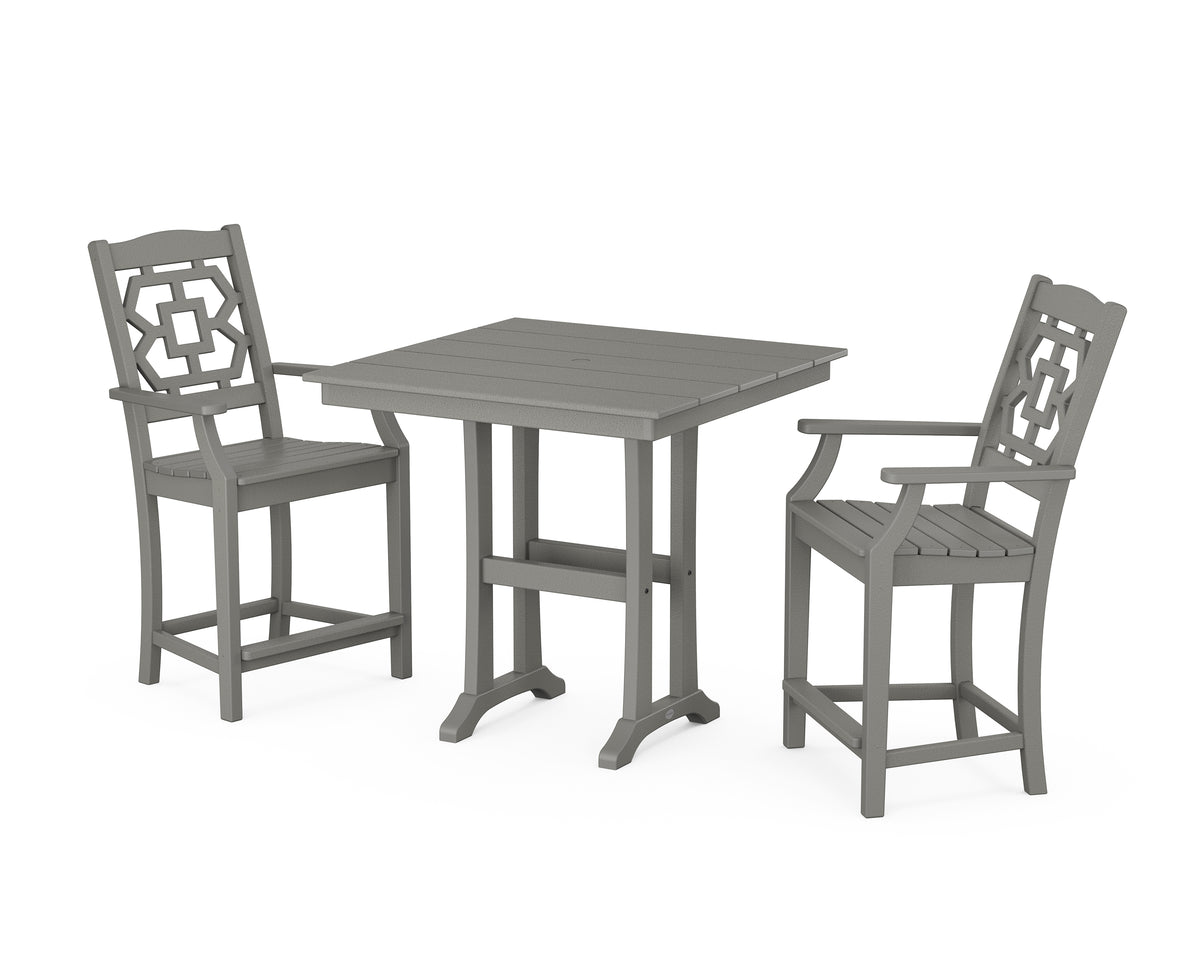 POLYWOOD Chinoiserie 3-Piece Farmhouse Counter Set with Trestle Legs in Slate Grey