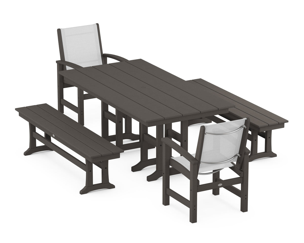 POLYWOOD Coastal 5-Piece Farmhouse Dining Set with Farmhouse 37" x 72" Dining Table in Vintage Coffee / White