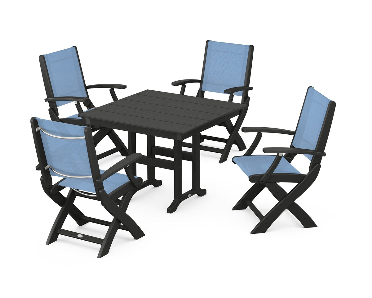 POLYWOOD Coastal Folding Chair 5-Piece Farmhouse Dining Set in Black / Poolside